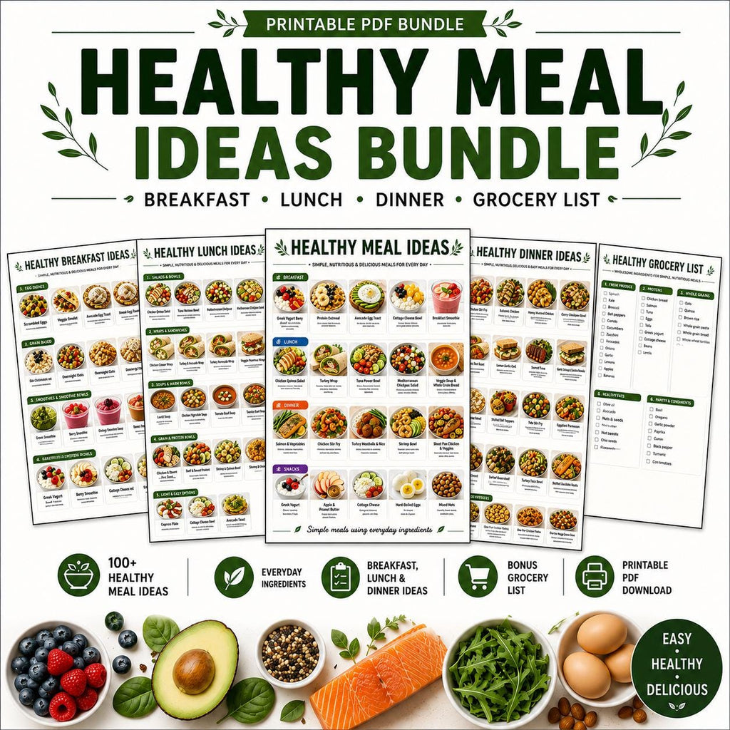 Healthy Meal Ideas Food Lists, Breakfast Lunch Dinner, Grocery List (Printable PDF)