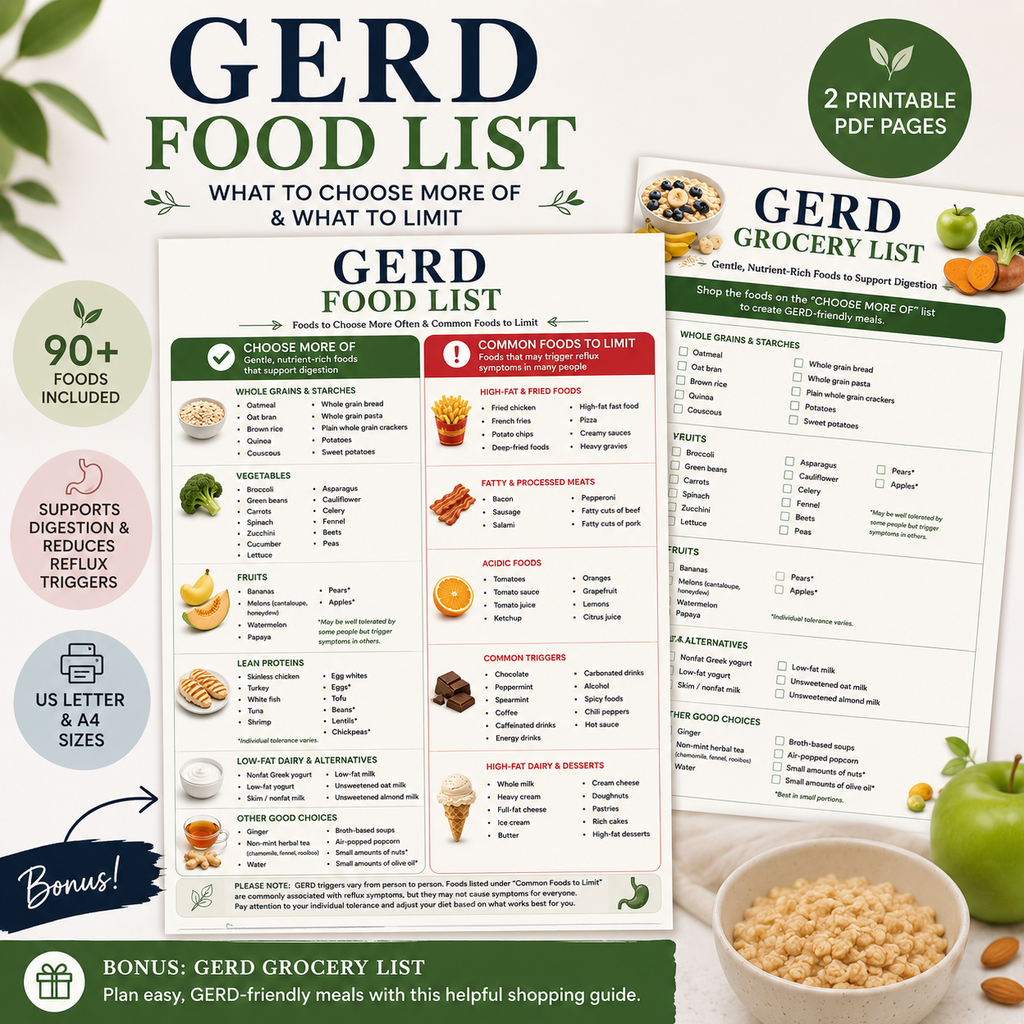 GERD Diet Food & Grocery List, Acid Reflux Diet Chart, Foods to Eat and Avoid, GERD Diet Guide Printable