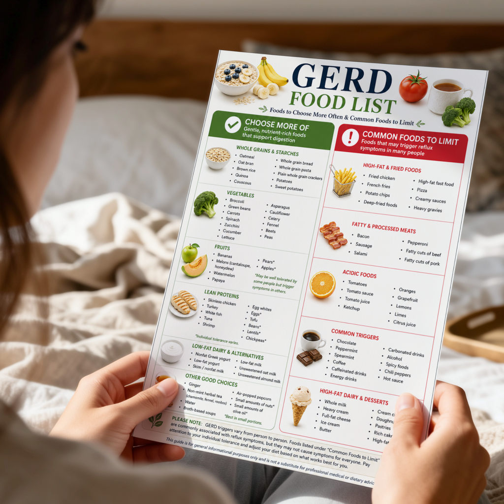 GERD Diet Food & Grocery List, Acid Reflux Diet Chart, Foods to Eat and Avoid, GERD Diet Guide Printable