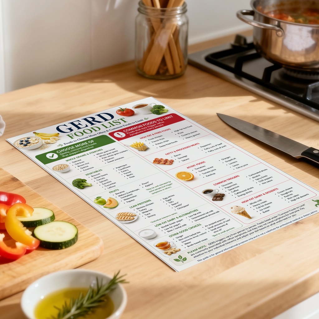 GERD Diet Food & Grocery List, Acid Reflux Diet Chart, Foods to Eat and Avoid, GERD Diet Guide Printable