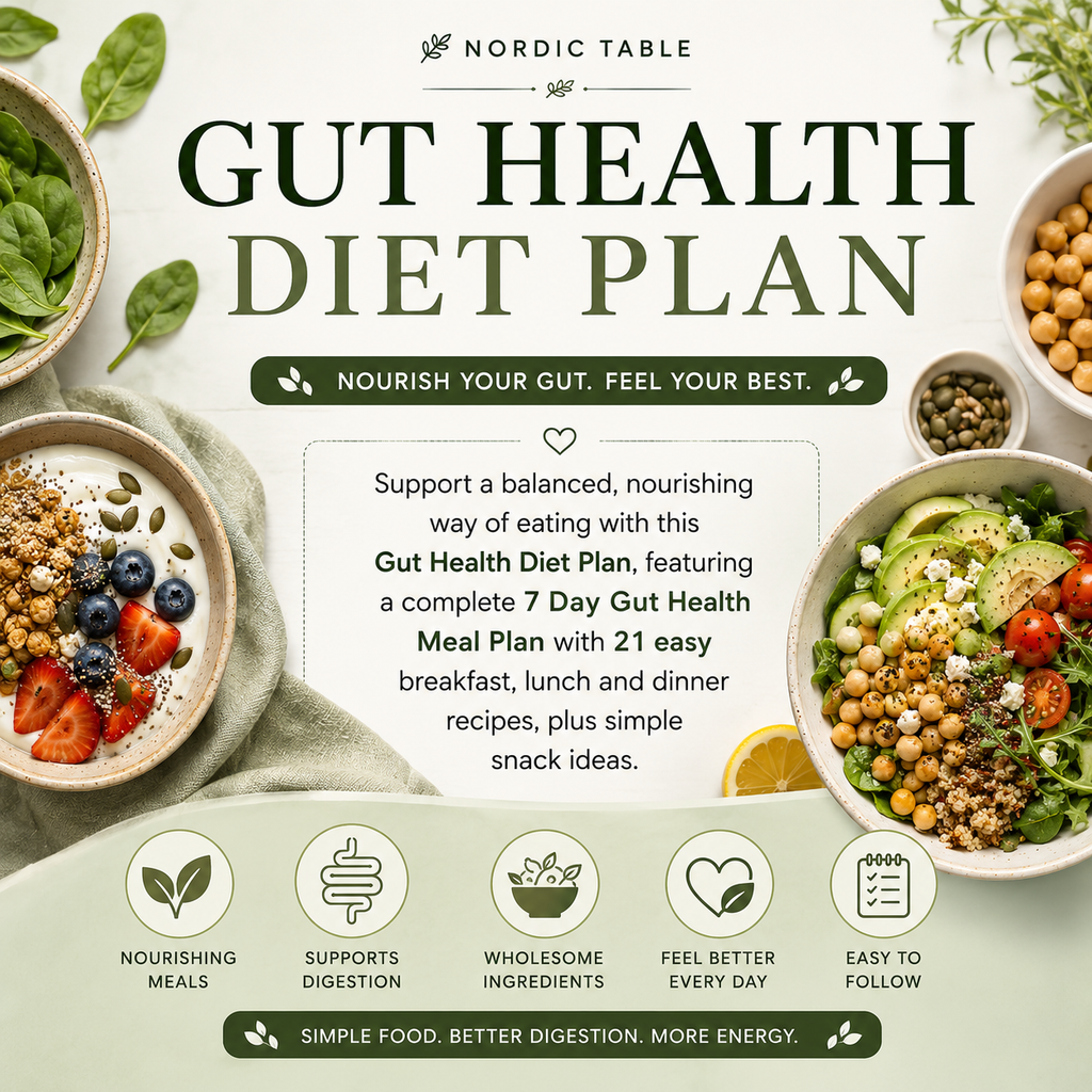 Gut Health Diet Plan, 7 Day Gut Health Meal Plan, 21 Easy Recipes, Gut Healthy Foods, Breakfast Lunch Dinner Recipes