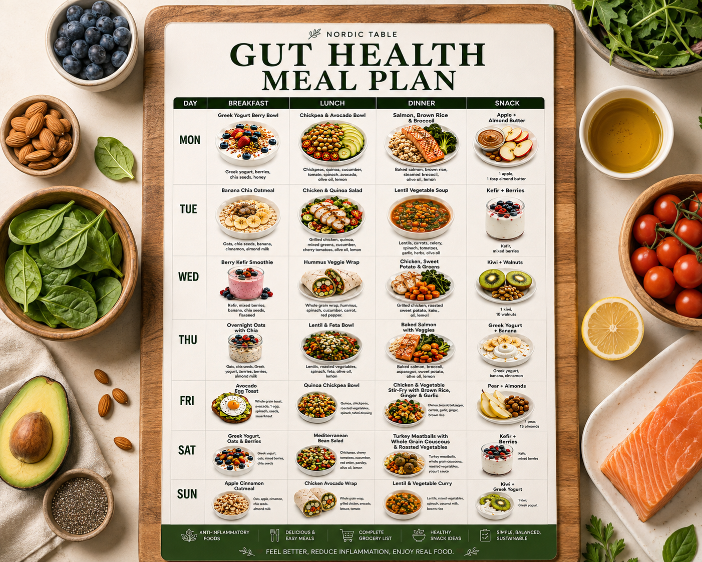 Gut Health Diet Plan, 7 Day Gut Health Meal Plan, 21 Easy Recipes, Gut Healthy Foods, Breakfast Lunch Dinner Recipes