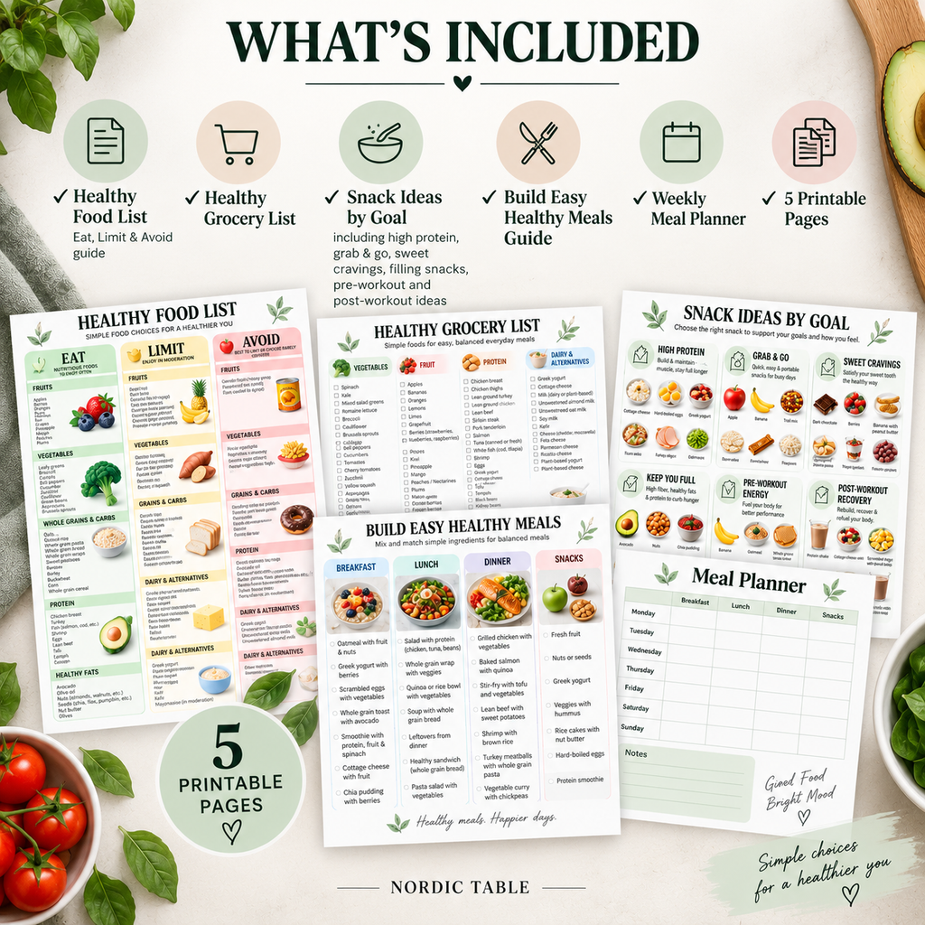 Healthy Eating Guide, Healthy Food List Printable, Grocery List, Snack Ideas & Meal Planner PDF