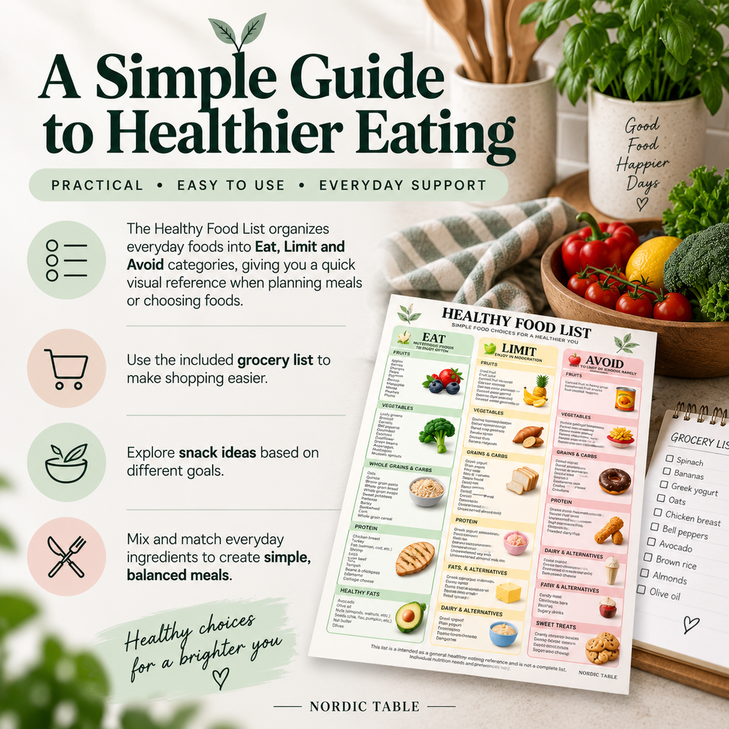 Healthy Eating Guide, Healthy Food List Printable, Grocery List, Snack Ideas & Meal Planner PDF