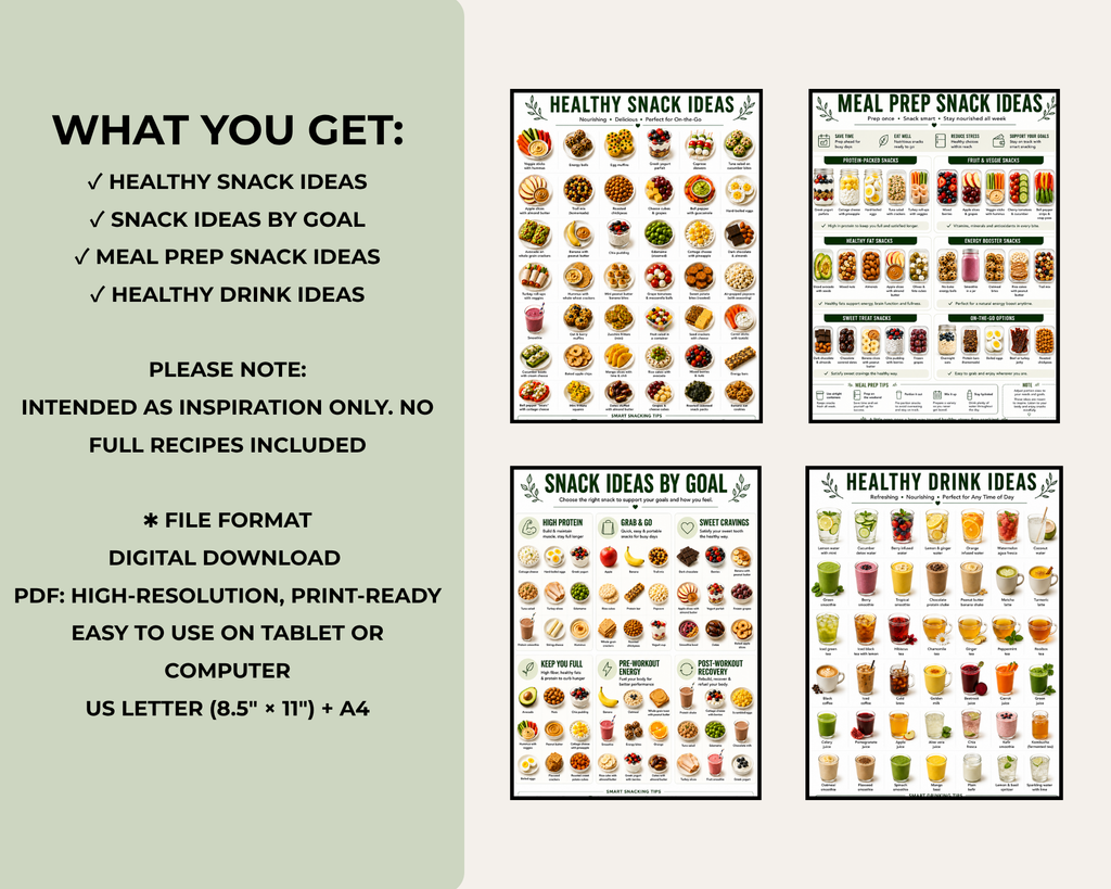 Healthy Snack Ideas Printable, Healthy Food List, Meal Prep & Protein Snacks