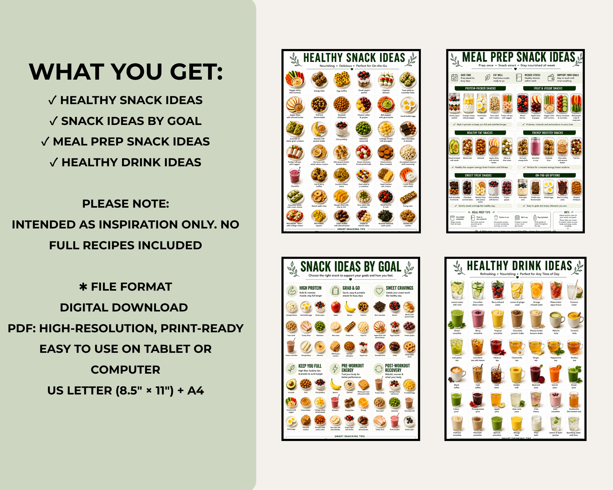 Healthy Snack Ideas Printable, Healthy Food List, Meal Prep & Protein Snacks