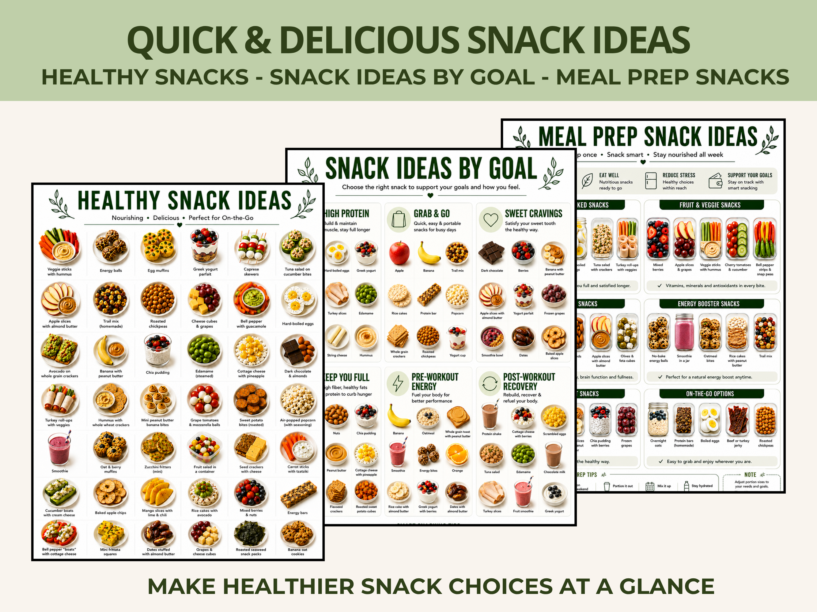 Healthy Snack Ideas Printable, Healthy Food List, Meal Prep & Protein Snacks