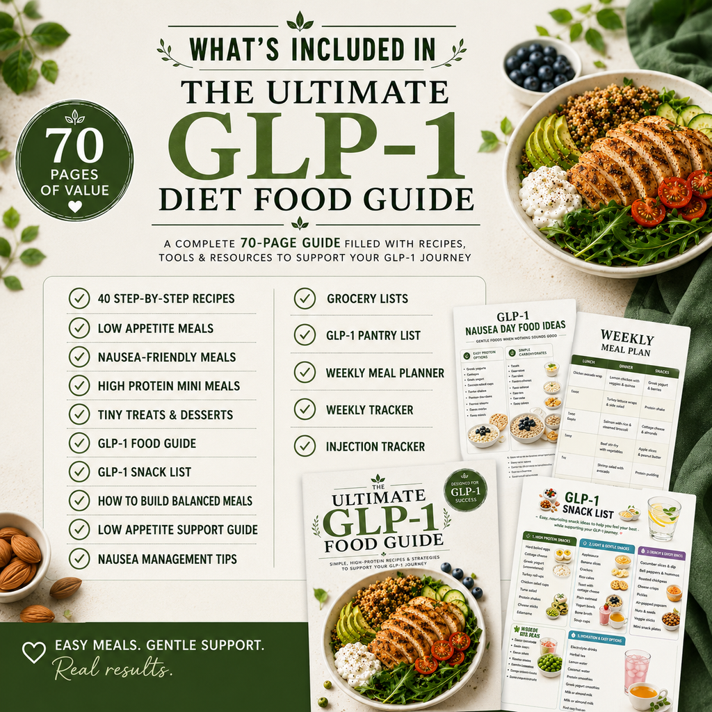 Printable 7-day GLP-1 meal plan with breakfast, lunch, dinner and snack ideas for weekly meal planning.