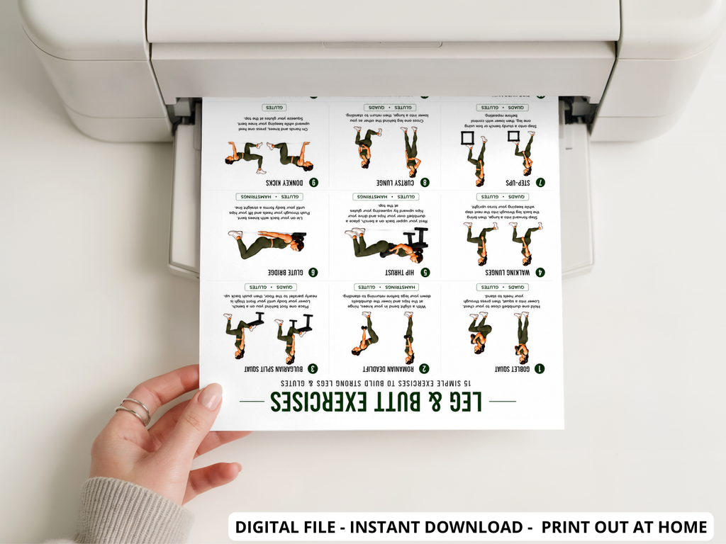 Leg & Butt Workout Chart Printable, 15 Glute and Leg Exercises, Home Workout Poster, Lower Body Exercise Guide