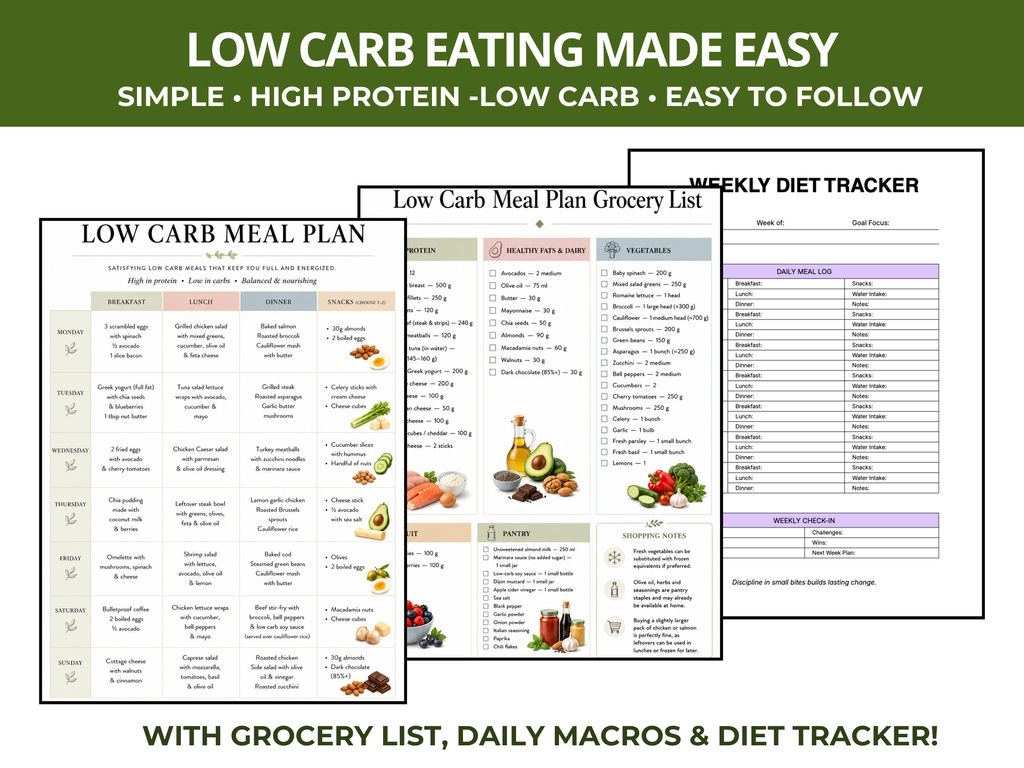 A promotional graphic for a low carb meal plan printable, showing three overlapping sheets: a low carb meal plan, a low carb meal plan grocery list, and a weekly diet tracker. The top and bottom have green banners with white text reading 'LOW CARB EATING MADE EASY' and 'WITH GROCERY LIST, DAILY MACROS & DIET TRACKER!'.