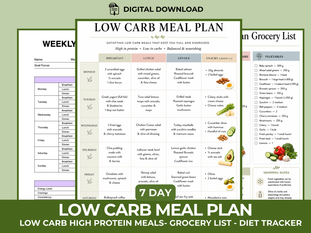Low Carb Meal Plan Printable, 7 Day High Protein Low Carb Meal Plan, Grocery List & Daily Macros