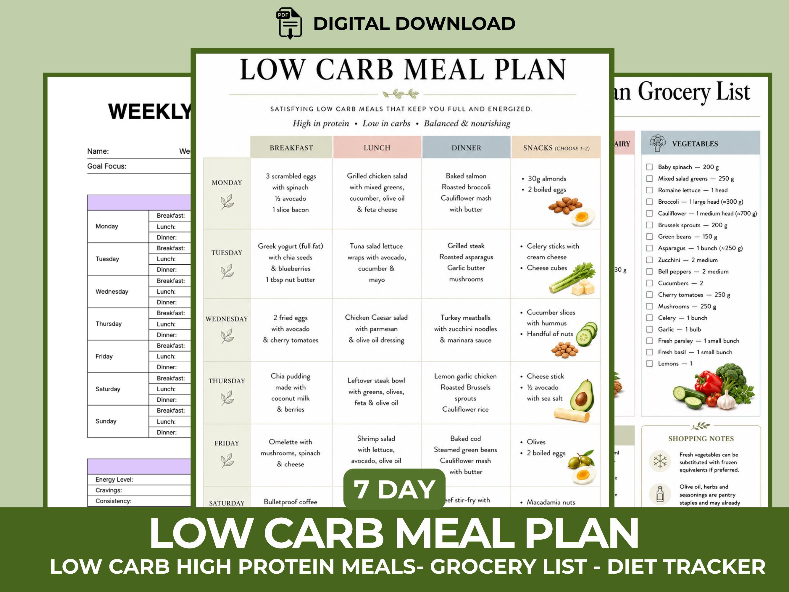 Low Carb Meal Plan Printable, 7 Day High Protein Low Carb Meal Plan, Grocery List & Daily Macros