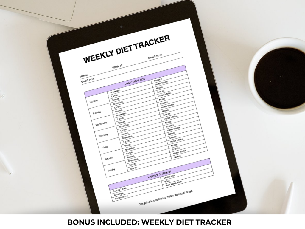 A tablet on a white desk showing a weekly diet tracker template on screen, with a coffee cup nearby and text at the bottom reading 'BONUS INCLUDED: WEEKLY DIET TRACKER'.