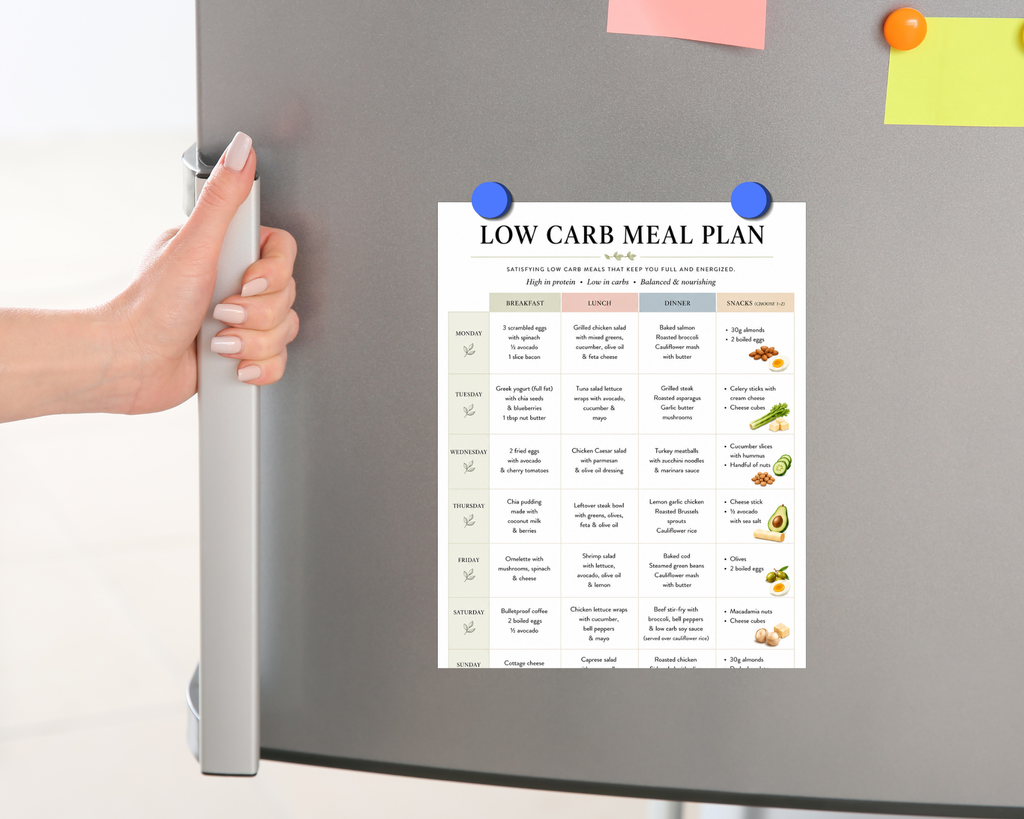 A hand with manicured nails holds a gray refrigerator door while a printed 'Low Carb Meal Plan' chart is pinned to the front with blue magnets. Sticky notes are visible on the refrigerator, and the background is a clean white kitchen setting.