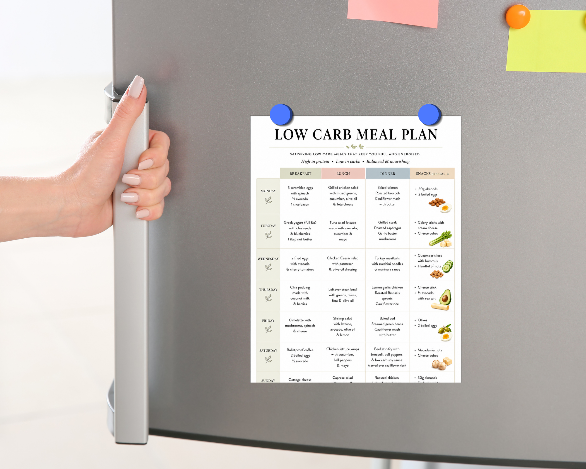 A hand with manicured nails holds a gray refrigerator door while a printed 'Low Carb Meal Plan' chart is pinned to the front with blue magnets. Sticky notes are visible on the refrigerator, and the background is a clean white kitchen setting.