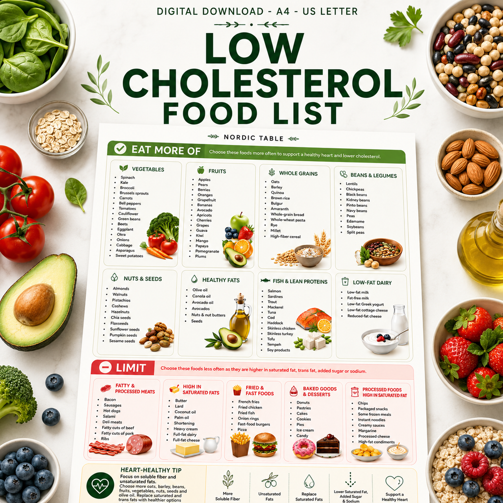 Low Cholesterol Food List, Cholesterol Lowering Foods, Heart Healthy Diet Guide Printable