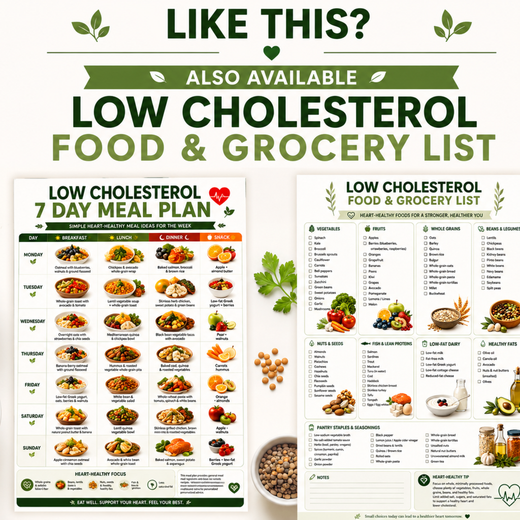 Cholesterol Lowering Meal Plan, Low Cholesterol Meal Plan Printable, 7 Day Heart Healthy Diet Plan, Meal Plan to Lower Cholesterol PDF