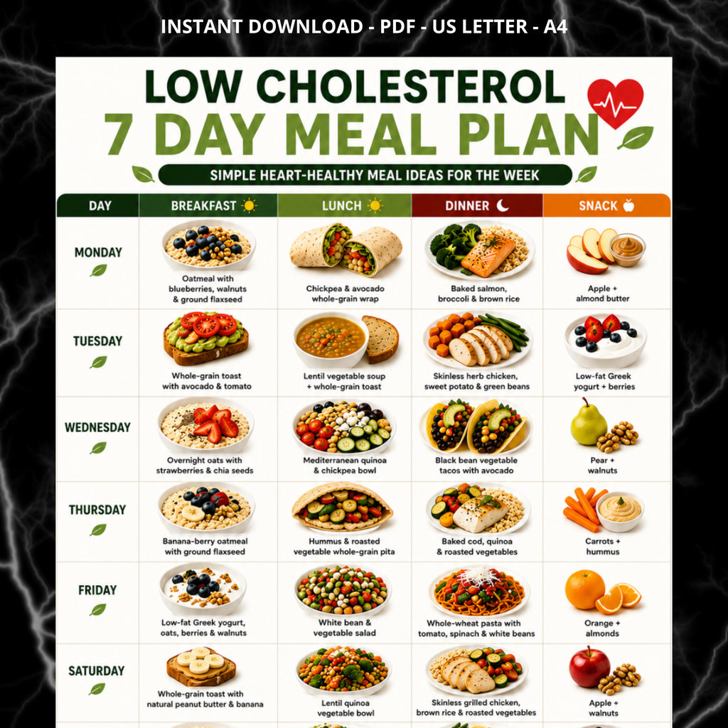Cholesterol Lowering Meal Plan, Low Cholesterol Meal Plan Printable, 7 Day Heart Healthy Diet Plan, Meal Plan to Lower Cholesterol PDF