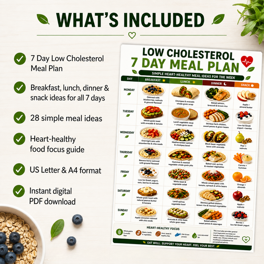 Cholesterol Lowering Meal Plan, Low Cholesterol Meal Plan Printable, 7 Day Heart Healthy Diet Plan, Meal Plan to Lower Cholesterol PDF