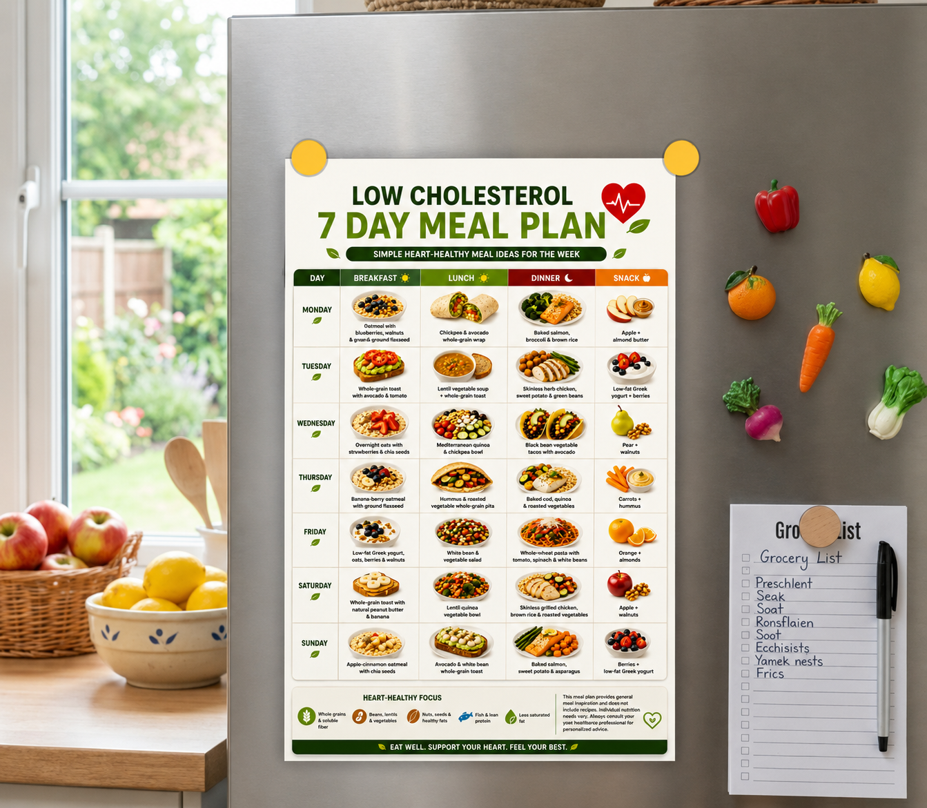 Cholesterol Lowering Meal Plan, Low Cholesterol Meal Plan Printable, 7 Day Heart Healthy Diet Plan, Meal Plan to Lower Cholesterol PDF