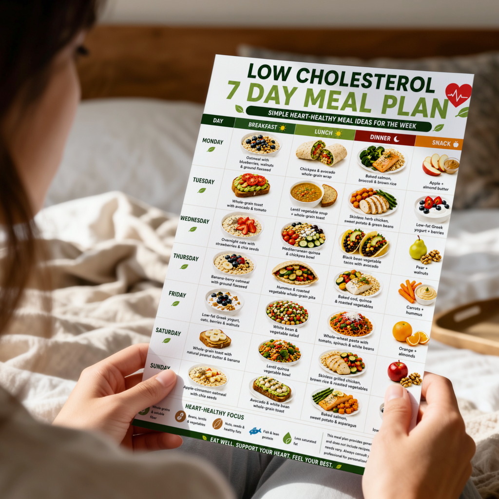 Cholesterol Lowering Meal Plan, Low Cholesterol Meal Plan Printable, 7 Day Heart Healthy Diet Plan, Meal Plan to Lower Cholesterol PDF