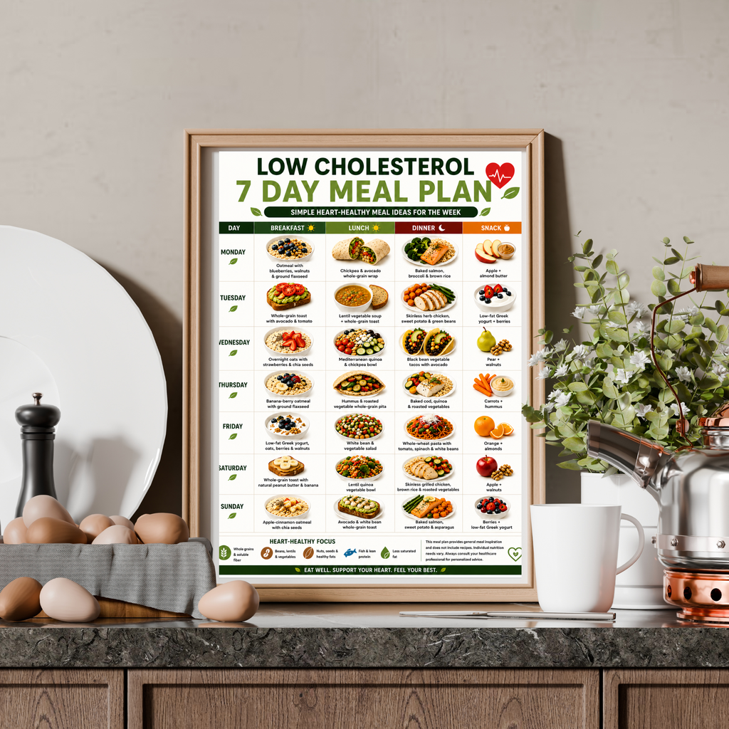 Cholesterol Lowering Meal Plan, Low Cholesterol Meal Plan Printable, 7 Day Heart Healthy Diet Plan, Meal Plan to Lower Cholesterol PDF