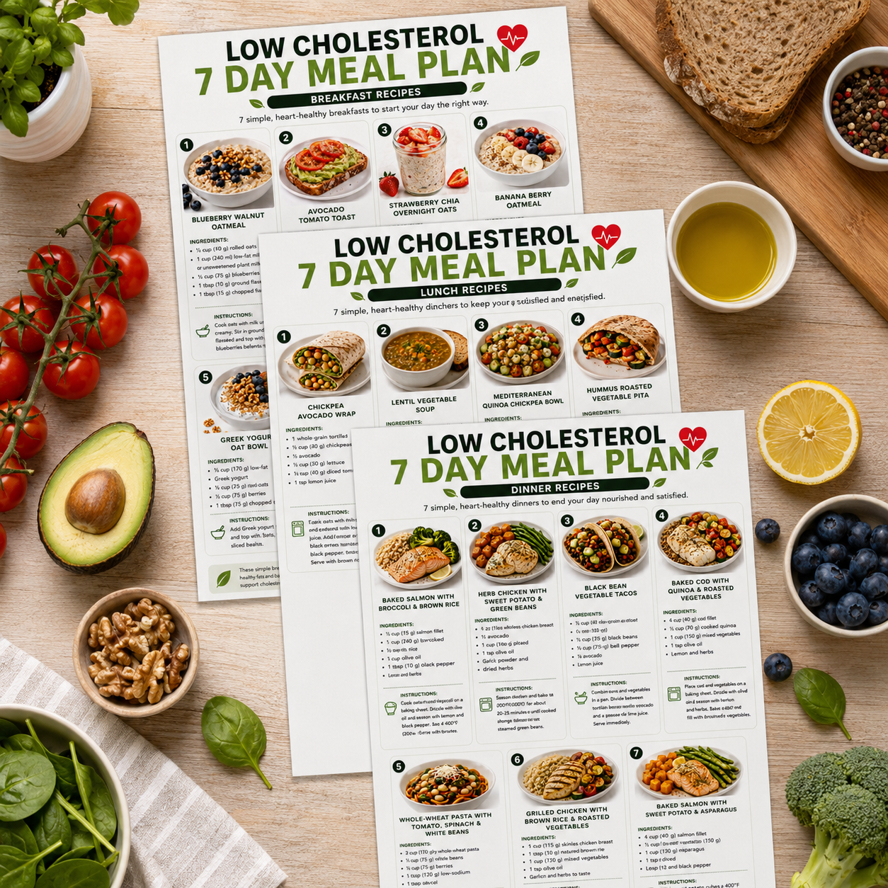 Cholesterol Lowering Meal Plan, Low Cholesterol Meal Plan Printable, 7 Day Heart Healthy Diet Plan, Meal Plan to Lower Cholesterol PDF