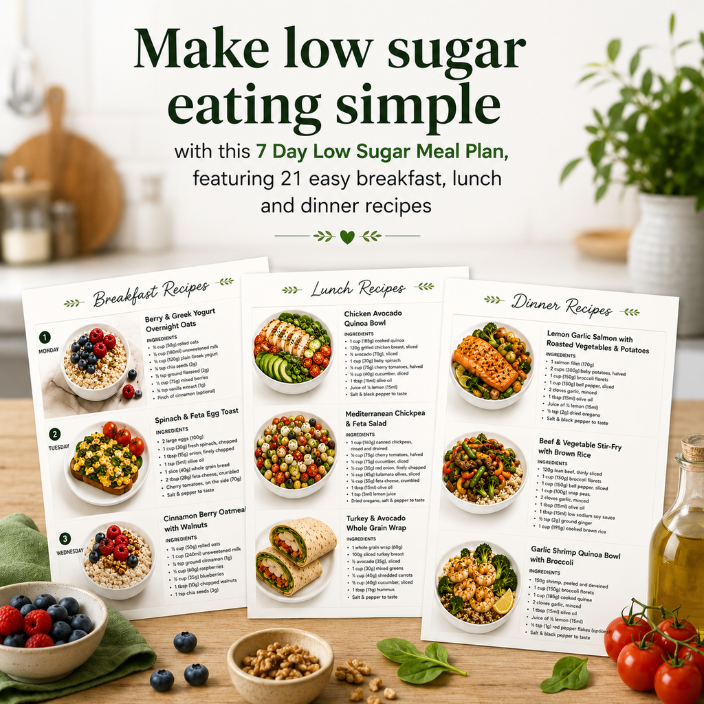 Three printed recipe cards for breakfast, lunch, and dinner are displayed on a kitchen counter with bowls of fruit, nuts, tomatoes, and a bottle of oil. Large text at the top reads, 'Make low sugar eating simple with this 7 Day Low Sugar Meal Plan, featuring 21 easy breakfast, lunch and dinner recipes.