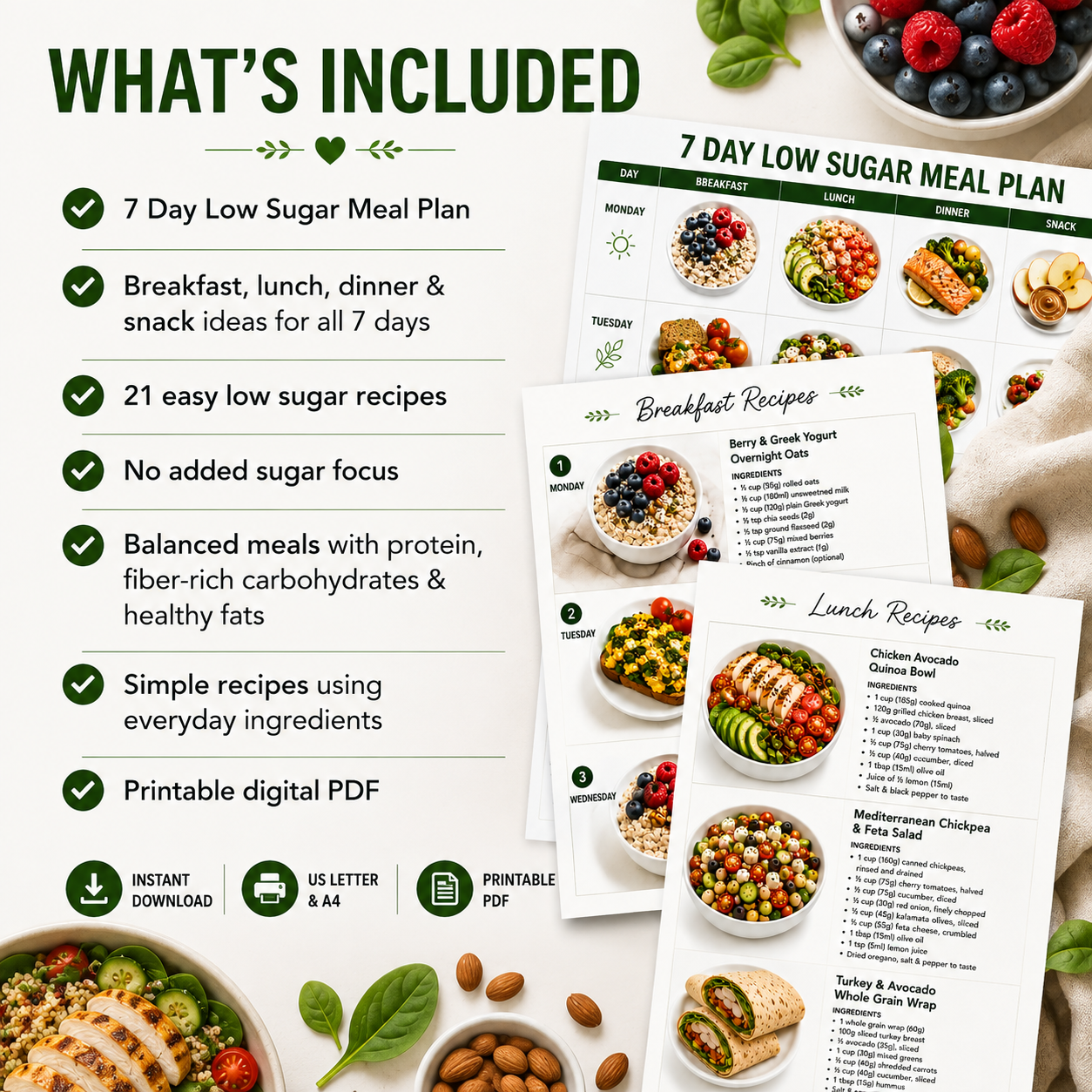 7 Day Low Sugar Meal Plan, 21 Easy Recipes, No Added Sugar (Digital Download)