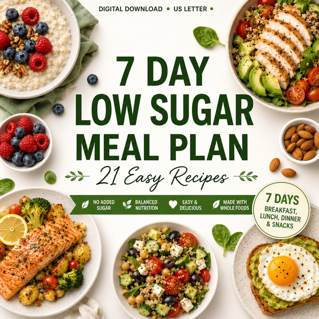 7 Day Low Sugar Meal Plan, 21 Easy Recipes, No Added Sugar (Digital Download)