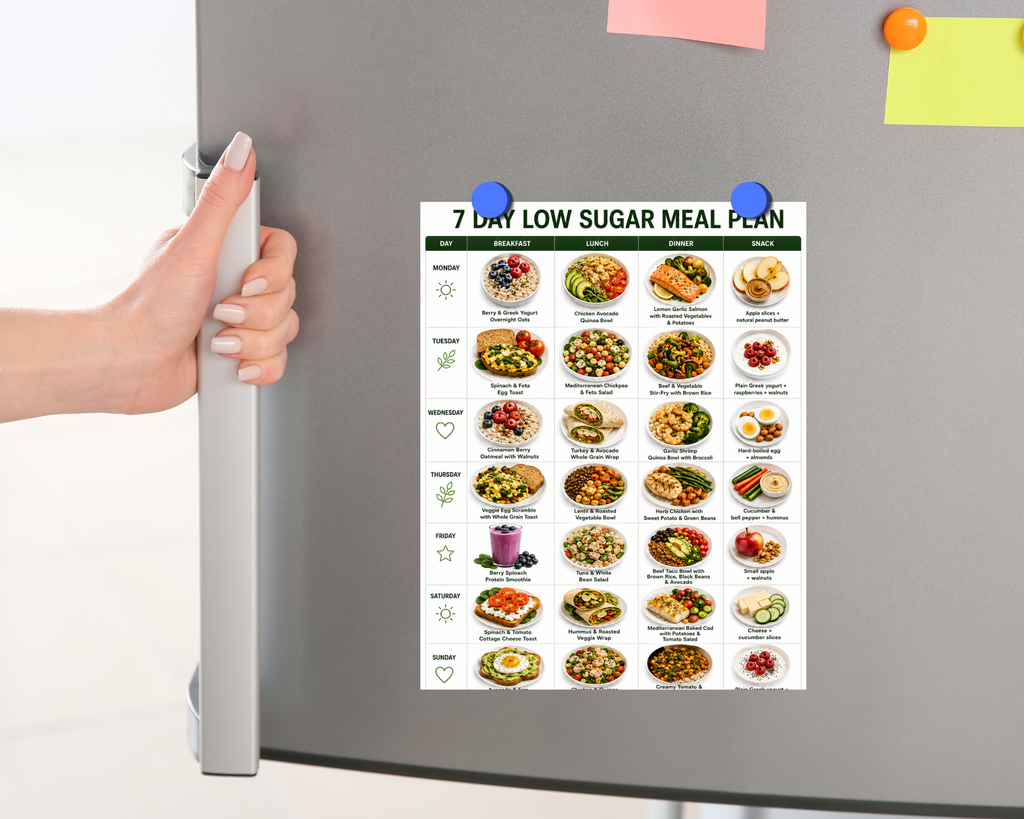 A hand holds a refrigerator door while a printed '7 Day Low Sugar Meal Plan' chart is attached with blue magnets. The fridge is gray and has sticky notes on the upper right.