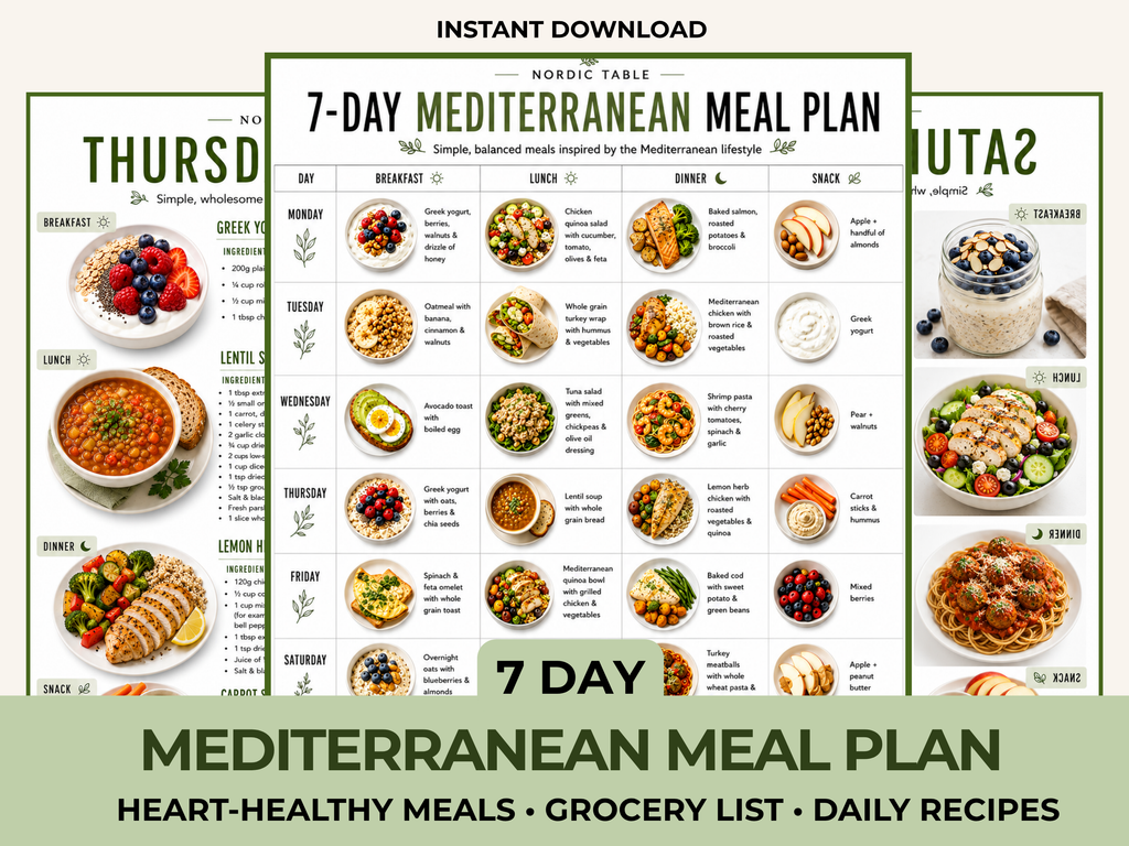 Mediterranean Diet Meal Plan Printable, 7 Day Mediterranean Meal Plan, Grocery List & Recipes (Digital Download)