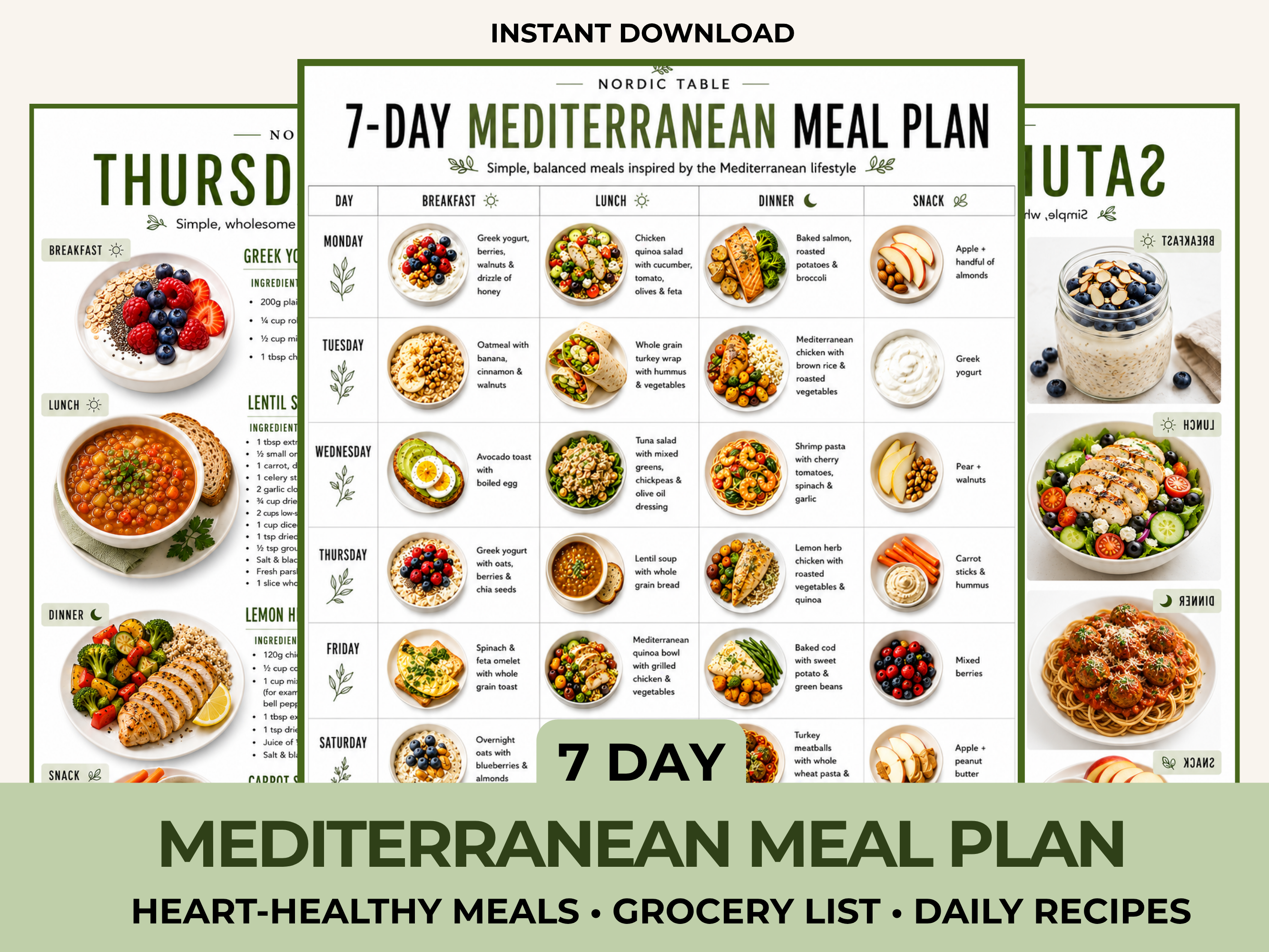 Mediterranean Diet Meal Plan Printable, 7 Day Mediterranean Meal Plan, Grocery List & Recipes (Digital Download)