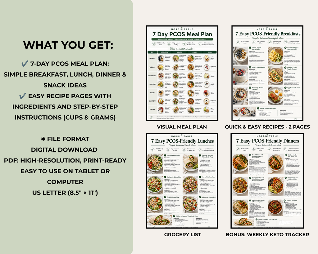 PCOS Diet Meal Plan, 7 Day Diet Plan, 21 Easy PCOS Recipes, High Protein Meals, Hormone Friendly Food Guide, Printable