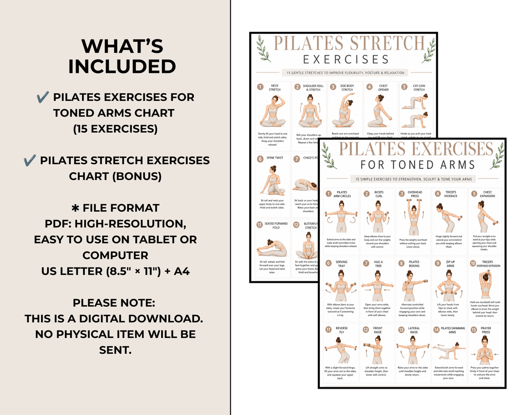 Pilates Arm Exercises Printable, Toned Arms Workout Chart, Pilates Exercise Poster, Fitness Wall Art