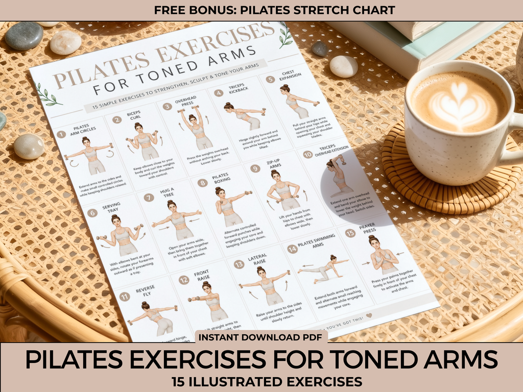 Pilates Arm Exercises Printable, Toned Arms Workout Chart, Pilates Exercise Poster, Fitness Wall Art