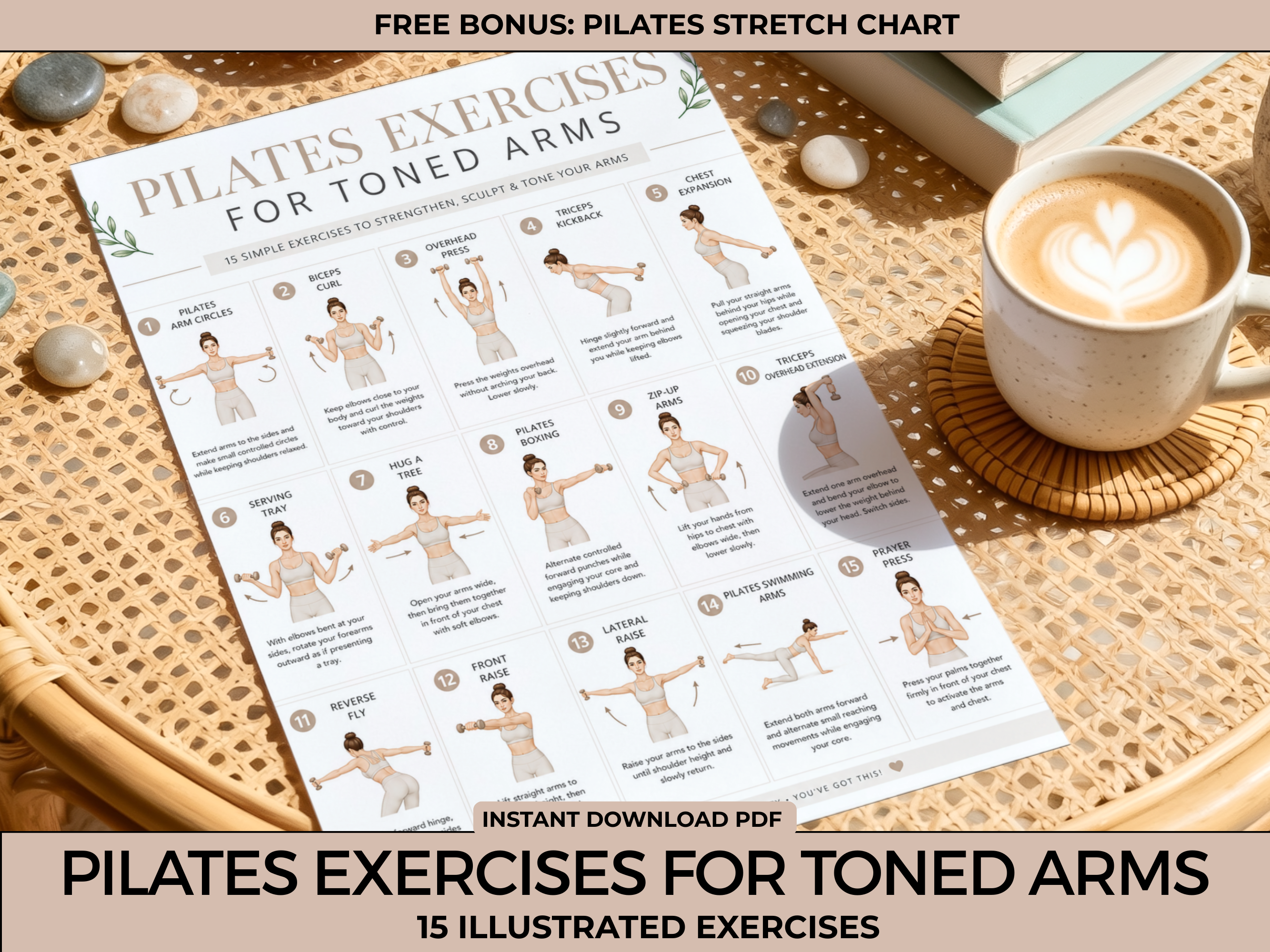 Pilates Arm Exercises Printable, Toned Arms Workout Chart, Pilates Exercise Poster, Fitness Wall Art