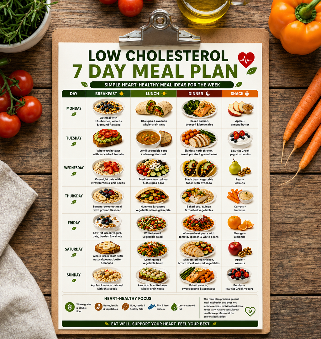 Cholesterol Lowering Meal Plan, Low Cholesterol Meal Plan Printable, 7 Day Heart Healthy Diet Plan, Meal Plan to Lower Cholesterol PDF