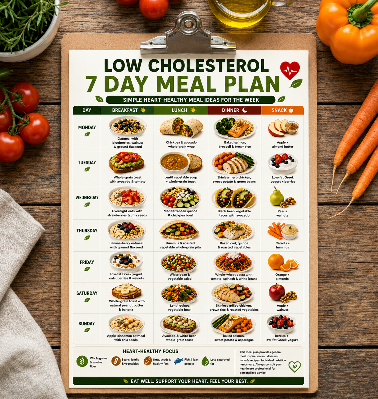 Cholesterol Lowering Meal Plan, Low Cholesterol Meal Plan Printable, 7 Day Heart Healthy Diet Plan, Meal Plan to Lower Cholesterol PDF
