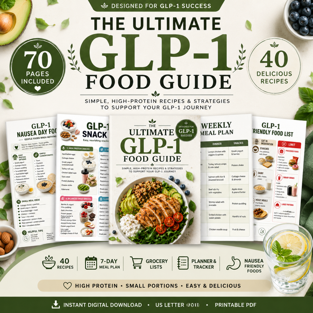 70-page GLP-1 Diet Food Guide printable with 40 recipes, 7-day meal plan, grocery lists, high-protein meal ideas and nutrition trackers.