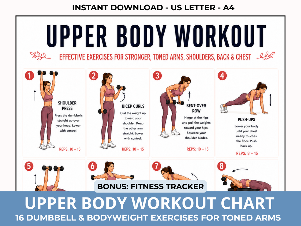 Upper Body Workout Chart, Dumbbell Exercise Poster PDF