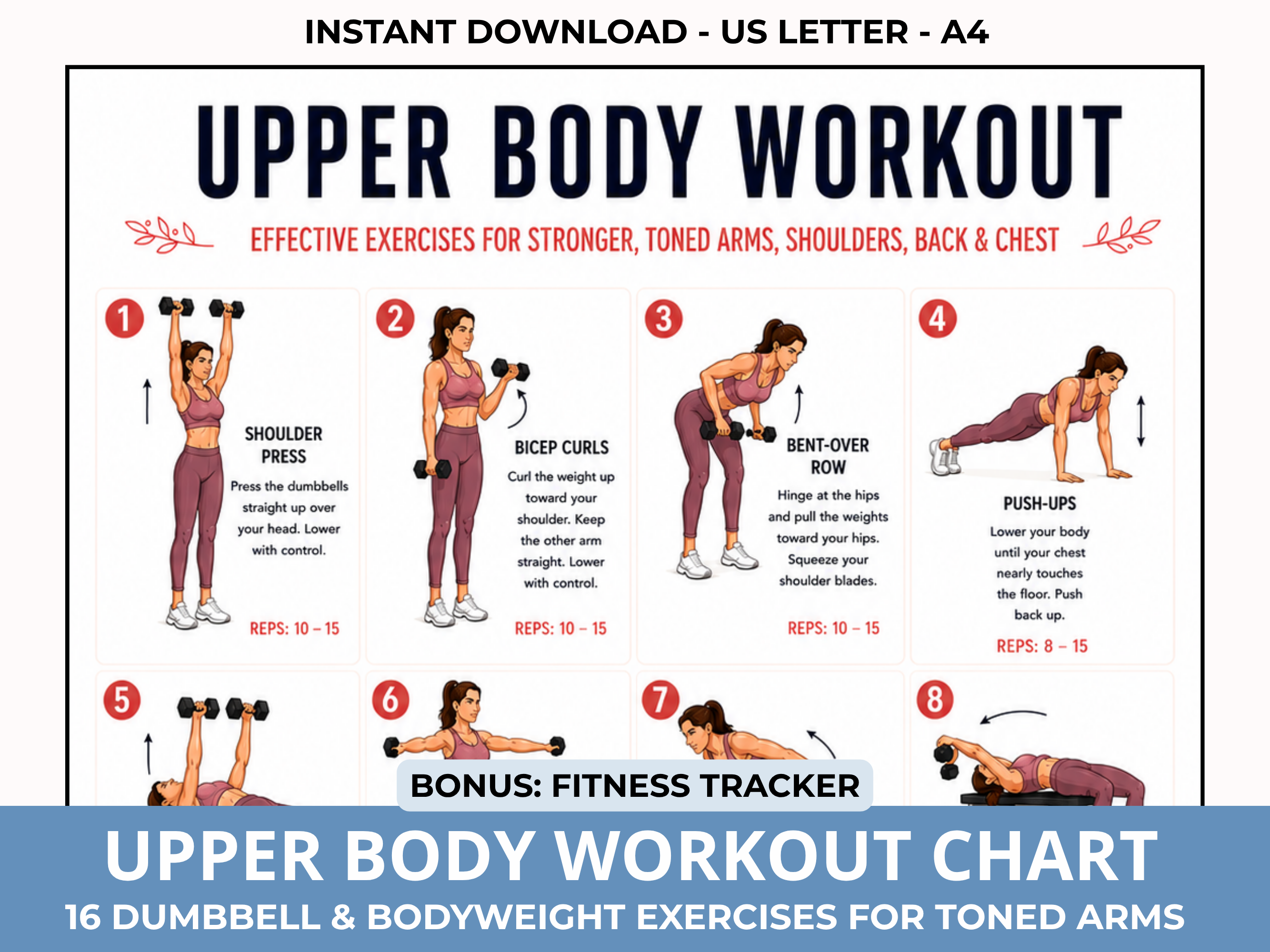 Upper Body Workout Chart, Dumbbell Exercise Poster PDF