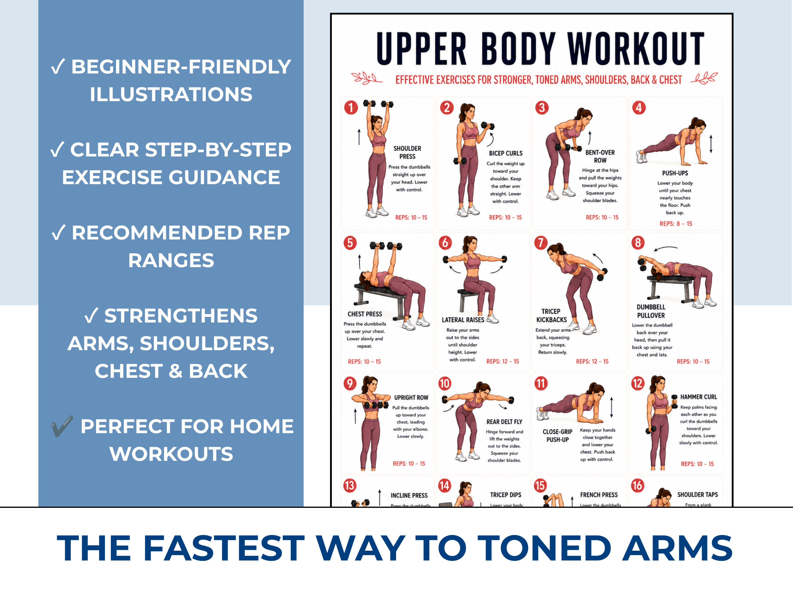 Upper Body Workout Chart, Dumbbell Exercise Poster PDF