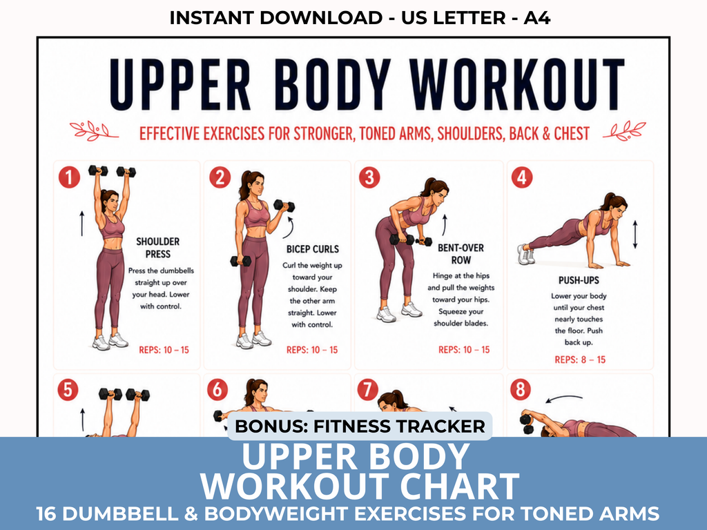 Upper Body Workout Chart, Dumbbell Exercise Poster PDF