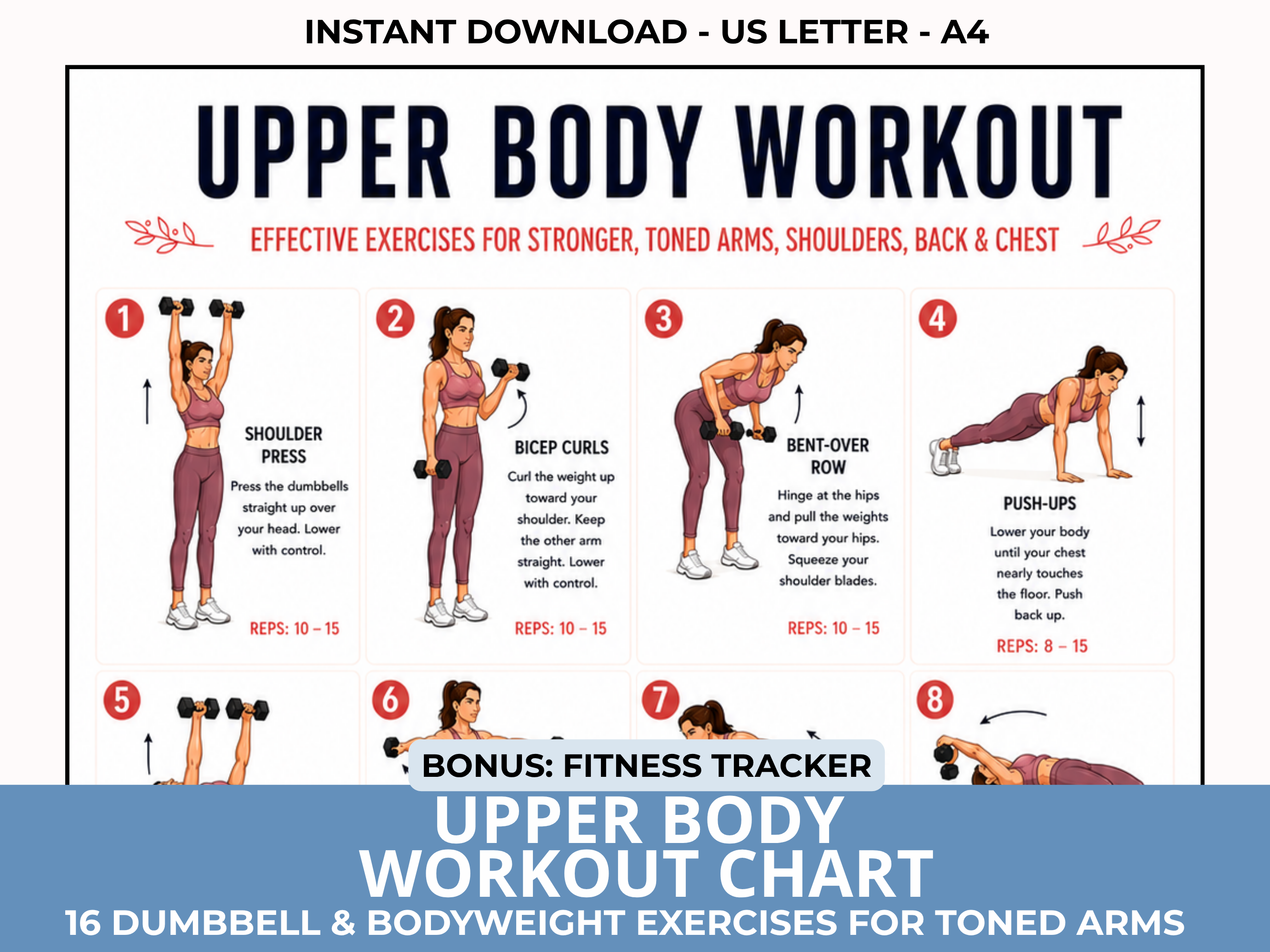 Upper Body Workout Chart, Dumbbell Exercise Poster PDF