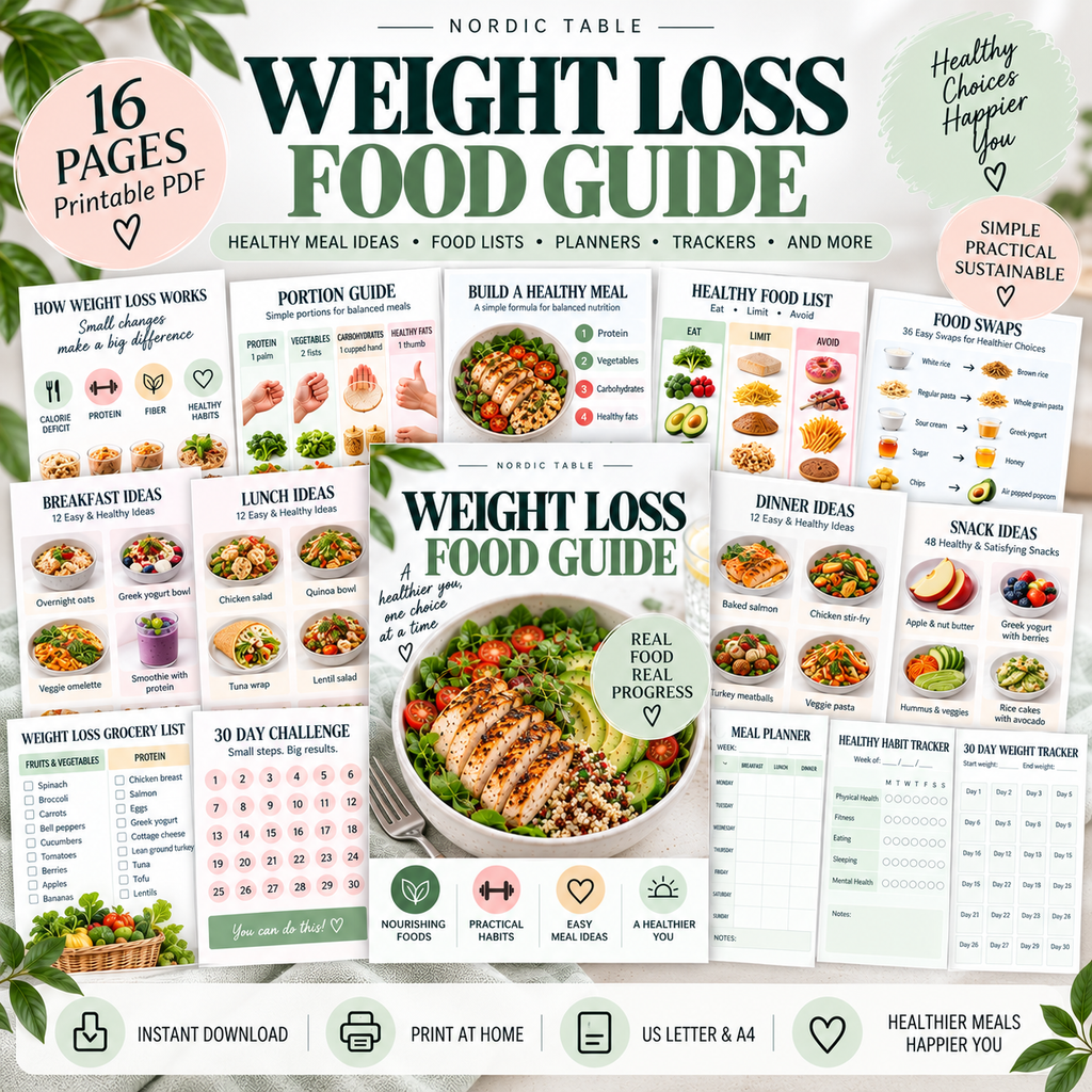 Weight Loss Food Guide, Healthy Meal Ideas, Food List, Grocery List, Meal Planner & Weight Loss Tracker Printable