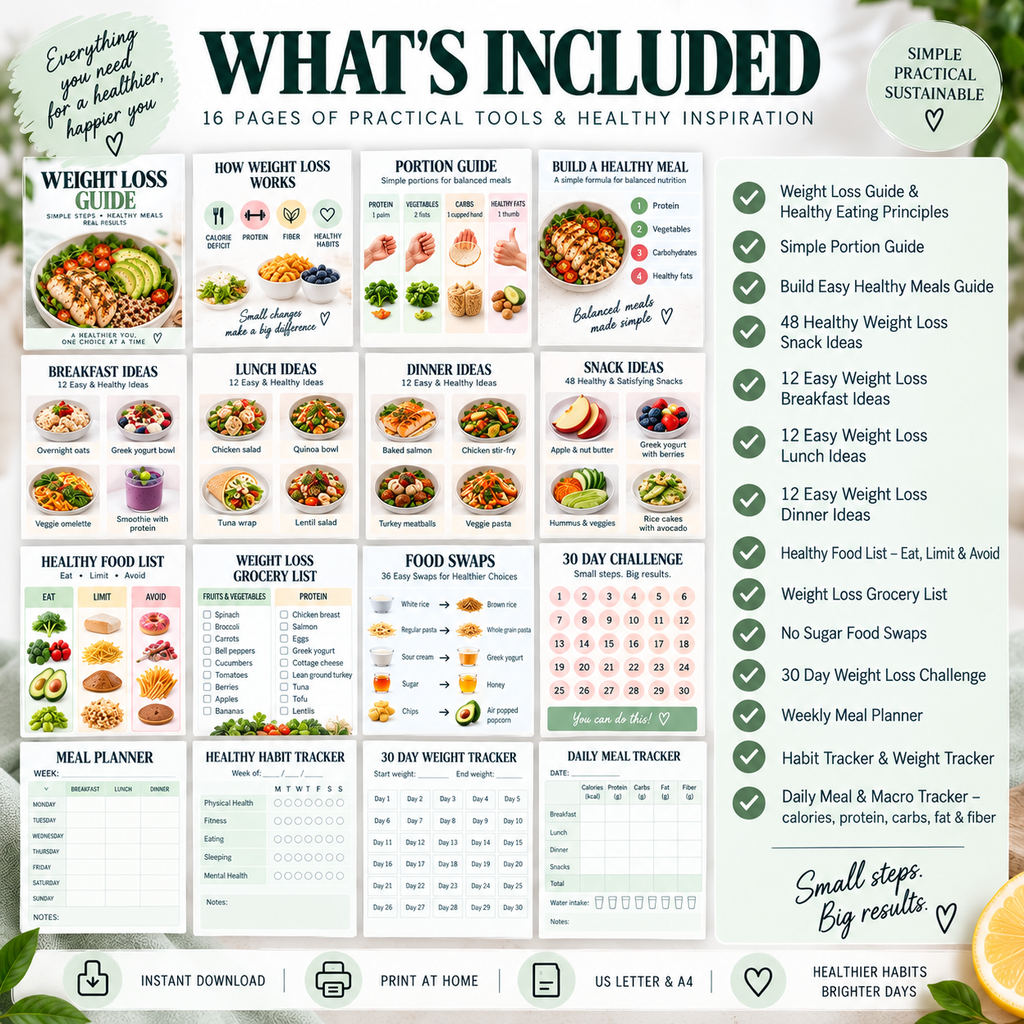 Weight Loss Food Guide, Healthy Meal Ideas, Food List, Grocery List, Meal Planner & Weight Loss Tracker Printable