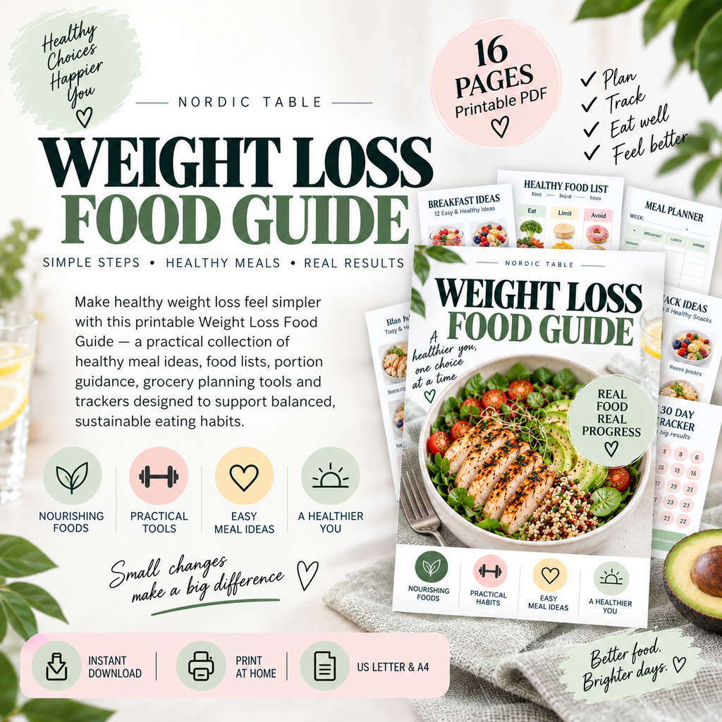 Weight Loss Food Guide, Healthy Meal Ideas, Food List, Grocery List, Meal Planner & Weight Loss Tracker Printable