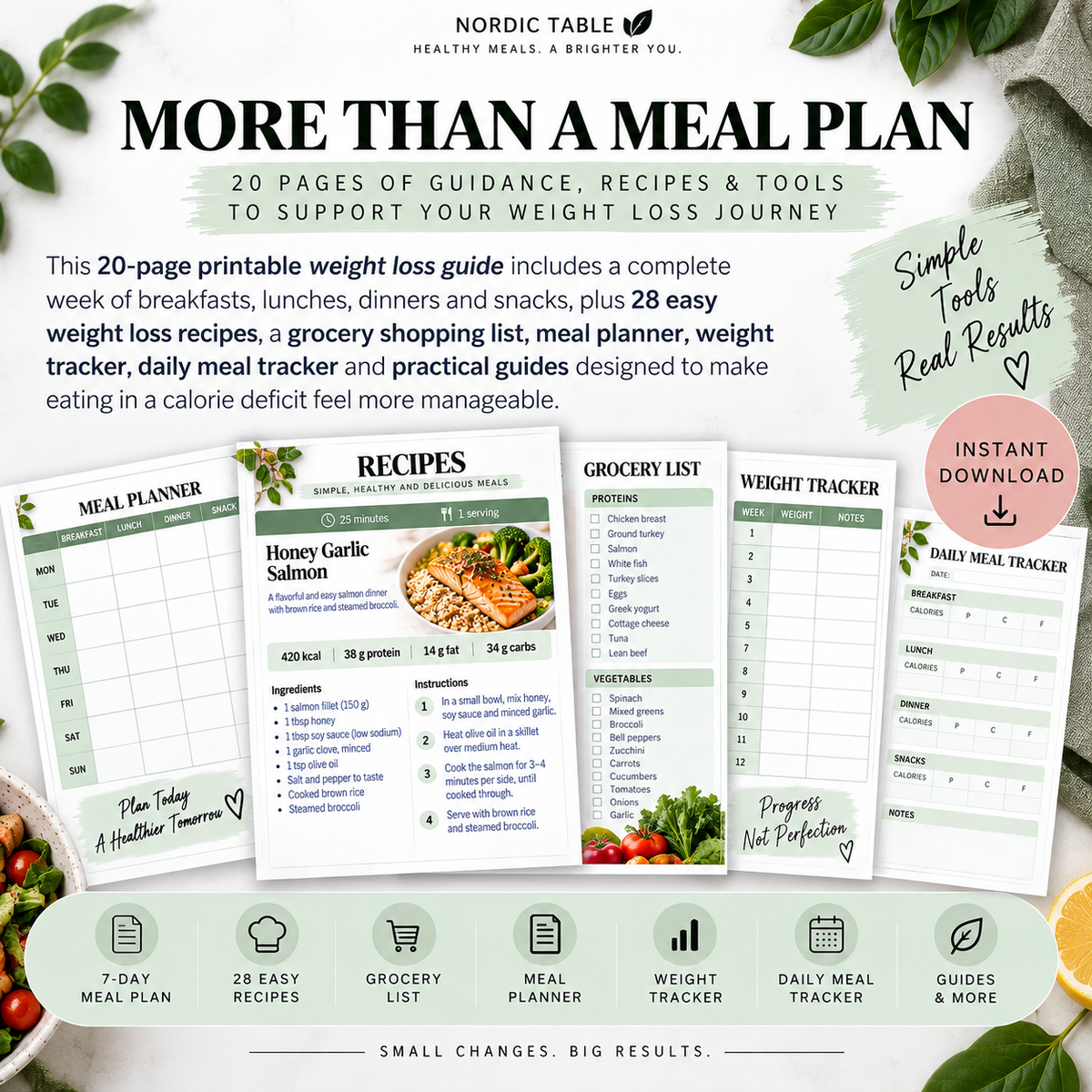 7-Day Weight Loss Meal Plan & Guide, 28 Recipes, Grocery List, Snack List & Meal Tracker