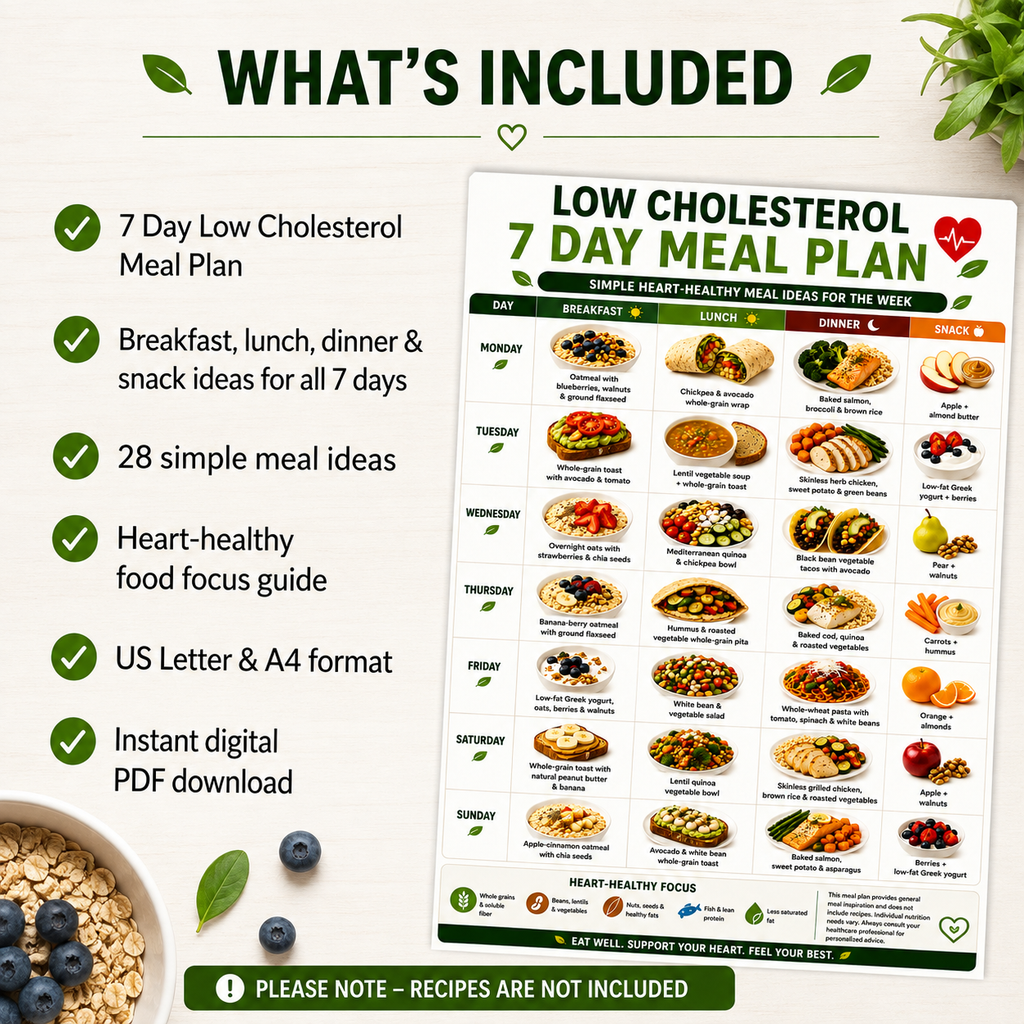 Cholesterol Lowering Meal Plan, Low Cholesterol Meal Plan Printable, 7 Day Heart Healthy Diet Plan, Meal Plan to Lower Cholesterol PDF